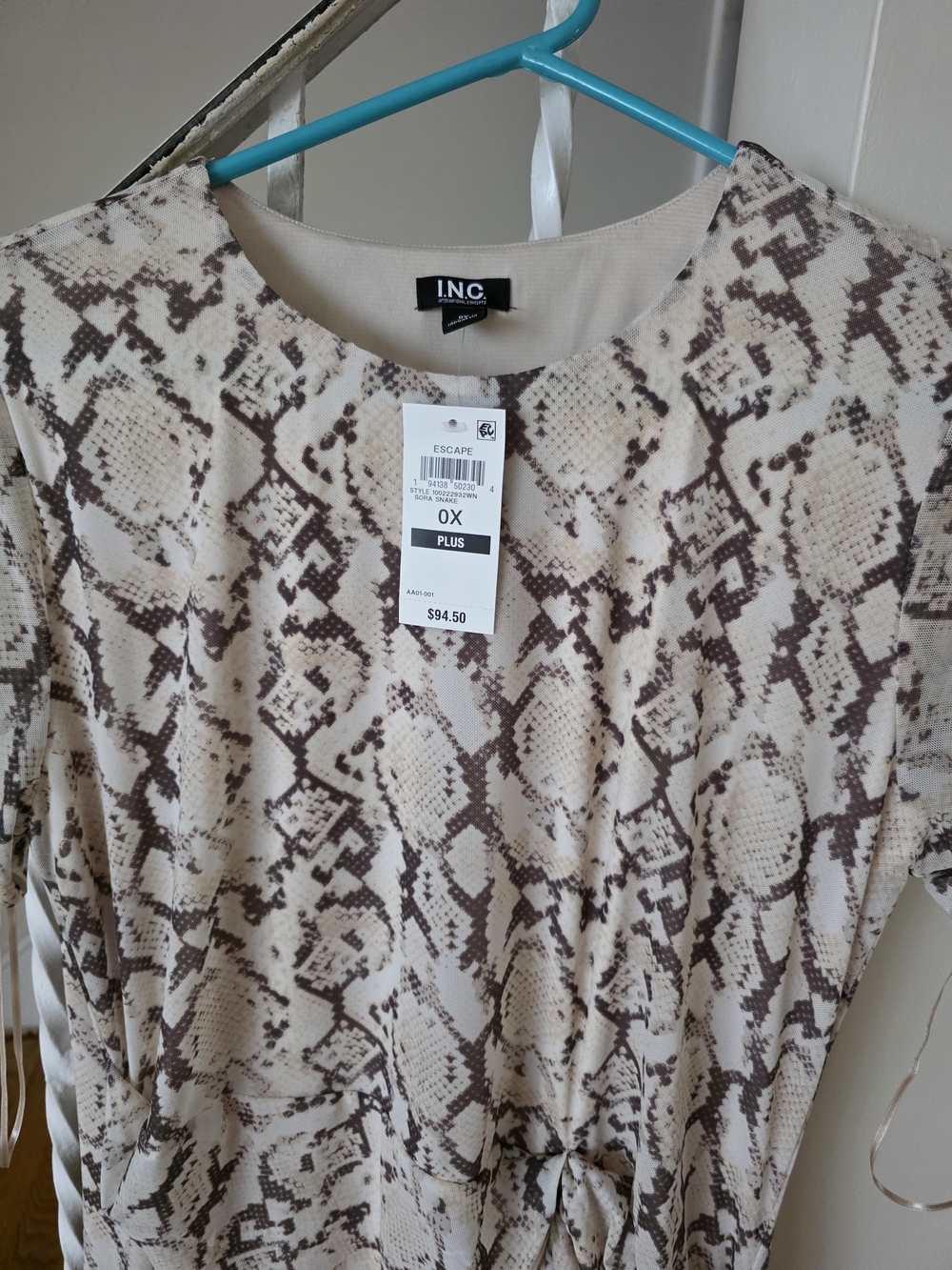 INC International Concepts Plus Size Beige Snake Print Tie-Waist Dress